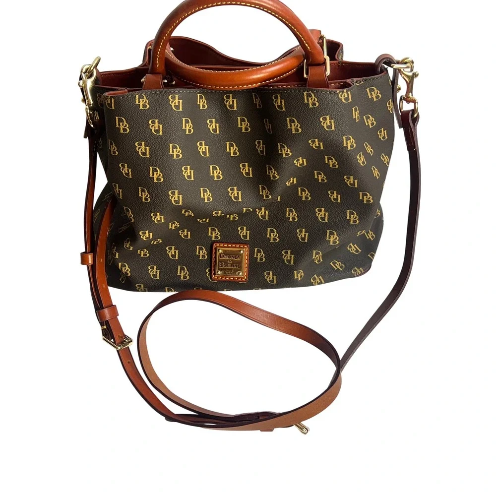 Dooney & Bourke Small Greta Bucket Bag Brown Monogram Satchel Crossbody Handbag